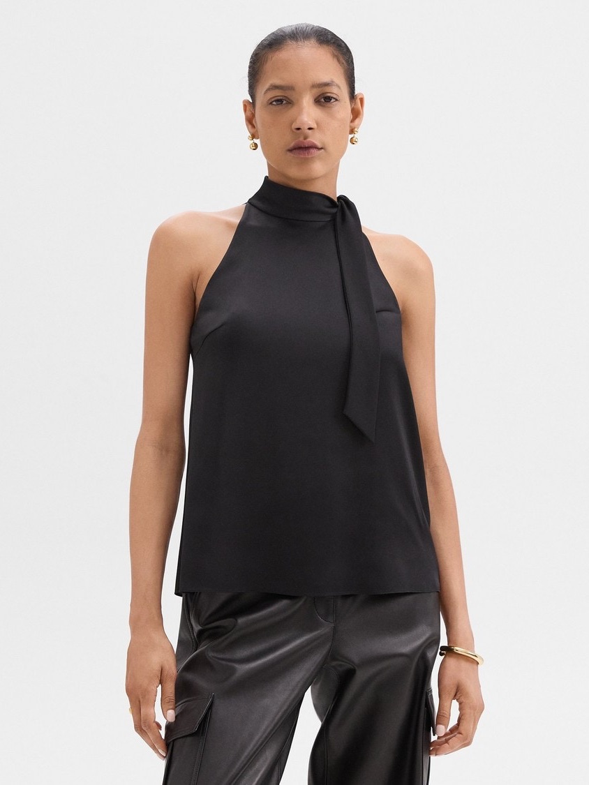 Theory Tie-Neck Halter Top In Textured Satin Navy Blue Nwt Small Msrp $106